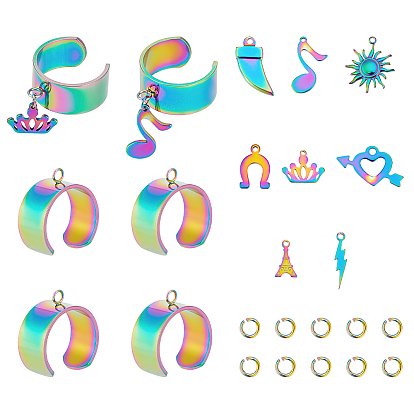 Набор для самостоятельного изготовления кольца-манжеты, включая 201 основание в форме кольца из нержавеющей стали и подвески, молния, нож, солнце, сердце, корона и Эйфелева башня
