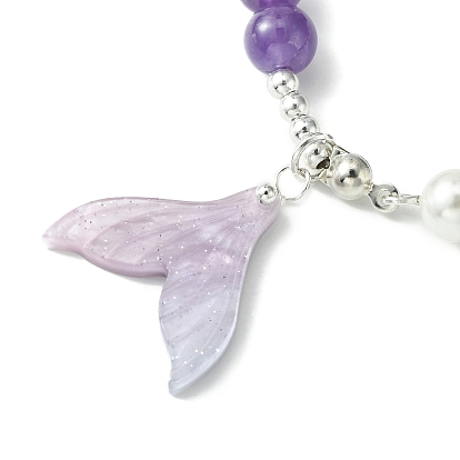Cellulose Acetate(Resin) Whale Tail Charm Bracelet, Natural Amethyst & Shell Pearl Beaded Bracelet