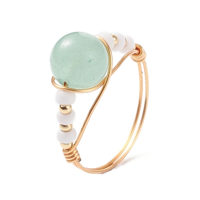 Natural Genmstone Wire Wrapped Finger Ring, Shell Pearl Braided Bead Ring for Girl Women