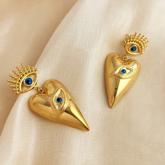 304 серьги-гвоздики из нержавеющей стали с эмалью, сглаз и сердце