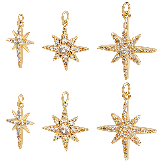 6 шт 3 стили латунные подвески из микропаве с фианитом, с прыжковых колец, звезда очарование