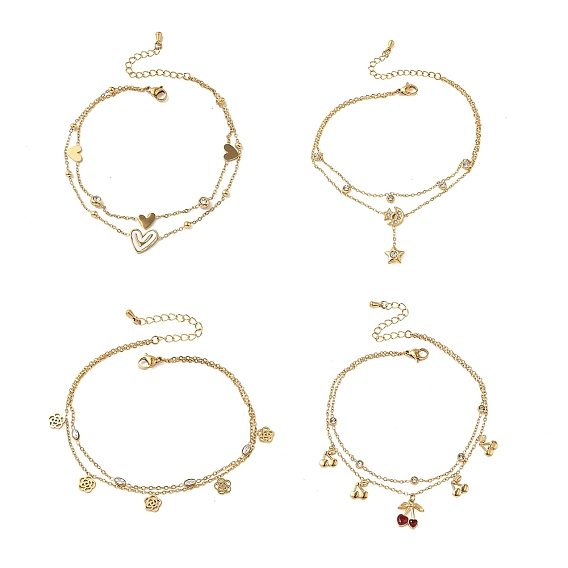 304 Подвеска из нержавеющей стали с прозрачными кубическими циркониями 2 Браслеты на лодыжку для женщин, золотые