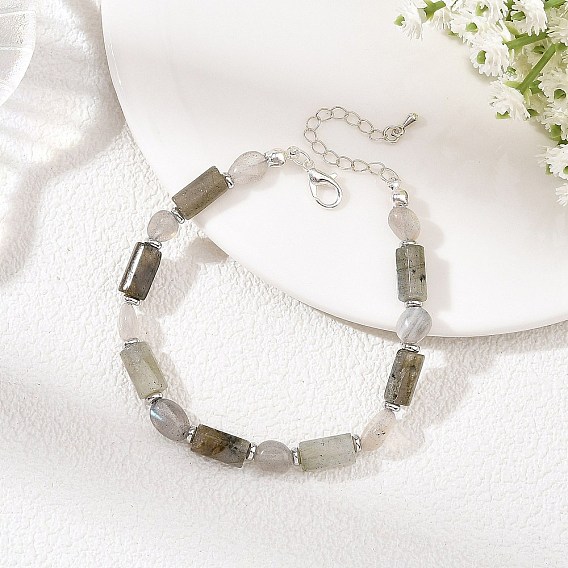 Natürliche Labradorit Perlen Armbänder, mit Messing-Perlen, Nuggets & facettierte Säule, Silberfarbe überzogen