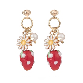 Natural Pearl & Alloy Enamel Flower & Lampwork Strawberry Dangle Stud Earrings, Brass Long Drop Earrings for Women