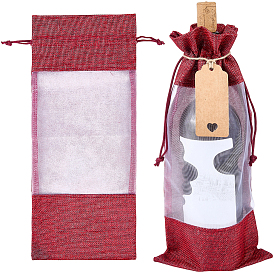 Мешочки для хранения винных бутылок из джутовой ткани, прямоугольные сумки на завязках с видимым окном