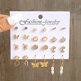 12 Pairs of Snake-shaped Heart Earrings with Butterfly Pendant and Crystal Inlaid Studs - Chic and Simple Jewelry Set