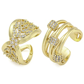 Brass Micro Pave Clear Cubic Zirconia Open Cuff Rings, for Women