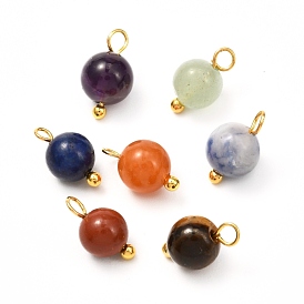 Natural Mixed Gemstone Charms, Golden Brass Findings, Round