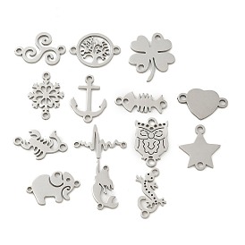 201 Stainless Steel Laser Cut Connector Charms, Clover/Heart/Snowflake/Tree/Gecko/Anchor/Fish Bone/Star/Scorpion/Heartbeat/Owl, Stainless Steel Color