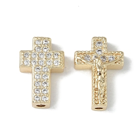 Rack Plating Brass Micro Pave Clear Cubic Zirconia Beads, Long-Lasting Plated, Lead Free & Cadmium Free, Cross