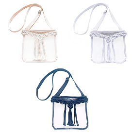 Transparent PVC Adjustable Crossbody Bags for Women, Macrame Cotton Cord Tassel Bohemian Style Shoulder Bag
