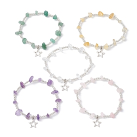 Natural Mixed Gemstone Chip & Iron Beaded Stretch Bracelets, with Alloy Star Charms