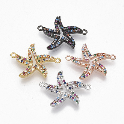 Brass Micro Pave Cubic ZirconiaLinks Connectors, Starfish/Sea Stars, Colorful