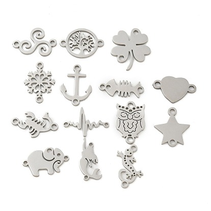 201 подвески для соединителей из нержавеющей стали, вырезанные лазером, клевер/сердце/снежинка/дерево/геккон/якорь/рыбья кость/звезда/скорпион/сердцебиение/сова, цвет нержавеющей стали