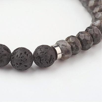 Natural Gemstone Stretch Bracelets, with Lava Rock Beads and Brass Spacer Beads, Abacus and Round, Faceted