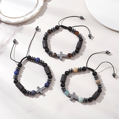 3плетеные браслеты из натуральных смешанных драгоценных камней, немагнитный синтетический гематитовый крестик для женщин и мужчин, с нейлоновой нитью