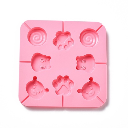 DIY Lollipop Making Food Grade Silicone Molds, Candy Molds, Paw Print, Hippo's Head, Bear's Head & Flat Round with Spiral, 8 Cavities