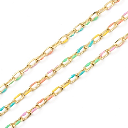 Cadenas de eslabones esmaltados de latón dorado hechos a mano, sin plomo y cadmio, cadenas de cable, con carrete, soldada, larga duración plateado, oval