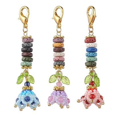 3 pcs perles de lave naturelles pendentif décorations, avec perles de verre et fermoirs mousquetons en alliage de zinc