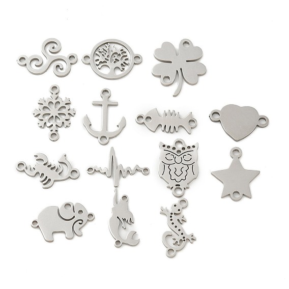 201 подвески для соединителей из нержавеющей стали, вырезанные лазером, клевер/сердце/снежинка/дерево/геккон/якорь/рыбья кость/звезда/скорпион/сердцебиение/сова, цвет нержавеющей стали