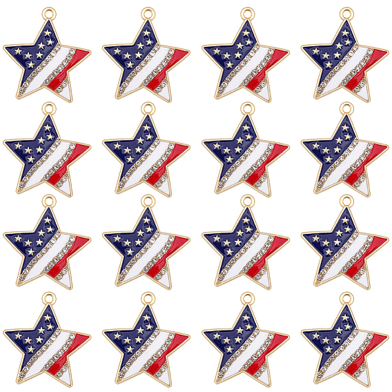 20 piezas colgantes de aleación esmaltada para el Día de la Independencia, con diamantes de imitación de cristal, dorado, estados unidos bandera patrón