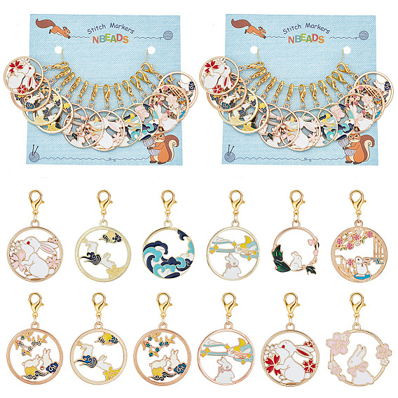 Плоская круглая пряжка в китайском стиле с маркерами петель в виде кролика/волны, подвески из сплава эмали крючком с застежкой-лобстером, маркер с замком и кольцом с подвеской в виде винного бокала