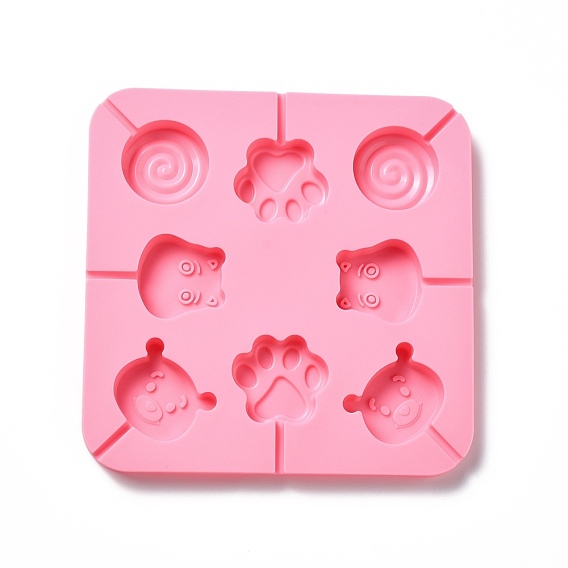 DIY Lollipop Making Food Grade Silicone Molds, Candy Molds, Paw Print, Hippo's Head, Bear's Head & Flat Round with Spiral, 8 Cavities