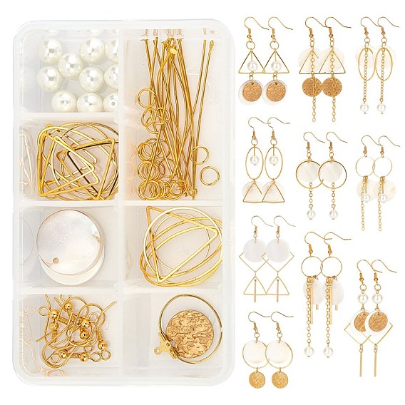 DIY Geometry Themed Earring Making Kits, Including Natural White Shell & Stainless Steel Pendants, Glass Pearl Beads, Brass Linking Rings & Earring Hooks & Cable Chains