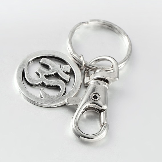 Alloy Flat Round with Mark Ohm Keychain, with Iron Ring and Alloy Swivel Lobster Claw Clasps, 88mm