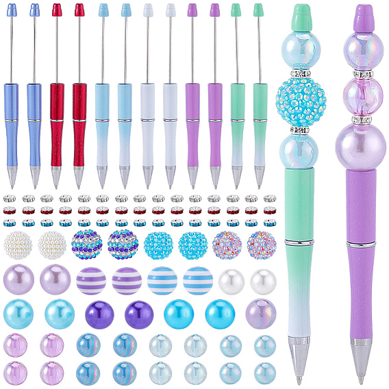 DIY Beadable Pens Making Kits, include 12Pcs 6 Styles Plastic Beadable Pens, 45Pcs 3 Styles Brass Rhinestone Spacer Beads