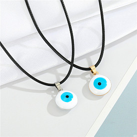 Vintage Evil Eye Pendant Leather Cord Choker Necklace with Blue Oil Drop Stone