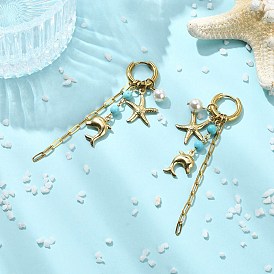 Дельфин и морская звезда 304 Серьги-кольца из нержавеющей стали с жемчугом из ракушек для женщин, Серьги-подвески с кисточками, 202 кольцом из нержавеющей стали и 316 булавкой из хирургической нержавеющей стали.