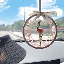 Alloy Flamingo Pendant Decorations, Natural Rose Quartz & Cat Eye Beaded Ring with Bowknot for Interior Car Mirror Hanging Decorations