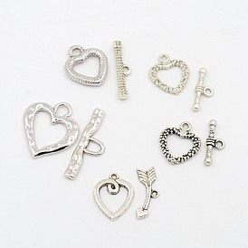 Tibetan Style Heart Toggle Clasps, Mixed Style, Heart: 14~27x12~24x1~2mm, Hole: 2~4.5mm, Bar: 19~32x6.5~10.5x2.5mm, Hole: 1.8~5mm