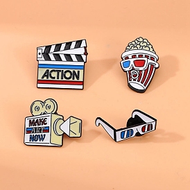 Independence Day Theater Element Theme Popcorn/Glasses/Cinecamera Enamel Pins, Black Alloy Brooches for Backpack Clothes