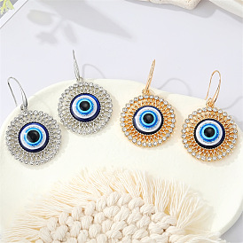 Vintage Hollow Out Water Diamond Devil Eye Earrings with Turkish Blue Evil Eye Pendant