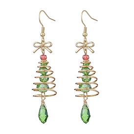 Christmas Tree Brass Wired Glass Dangle Earrings, with 304 Stainless Steel Earring Hooks, Silver