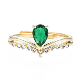 Green Cubic Zirconia Crown Adjustable Ring, Brass Finger Ring for Women, Nickel Free