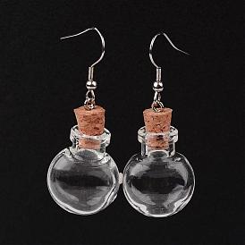 Flat Round Glass Wishing Bottle Dangle Earrings, with 304 Stainless Steel Earring Hooks and Iron Findings, 50mm, Pin 0.7mm