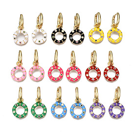 Brass Micro Pave Cubic Zirconia Huggie Hoop Earrings, with Enamel, Nickel Free, Ring, Real 16K Gold Plated
