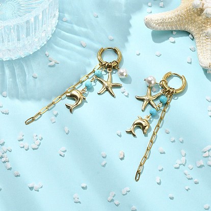Дельфин и морская звезда 304 Серьги-кольца из нержавеющей стали с жемчугом из ракушек для женщин, Серьги-подвески с кисточками, 202 кольцом из нержавеющей стали и 316 булавкой из хирургической нержавеющей стали.