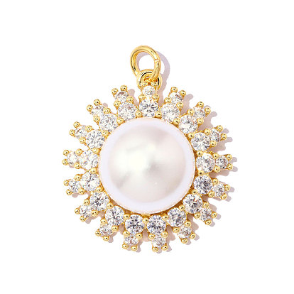 Латунные подвески с фианитами, с ABS имитации жемчуга, , ионное покрытие (ip), зеркальная полировка, реальный 18 k позолоченный