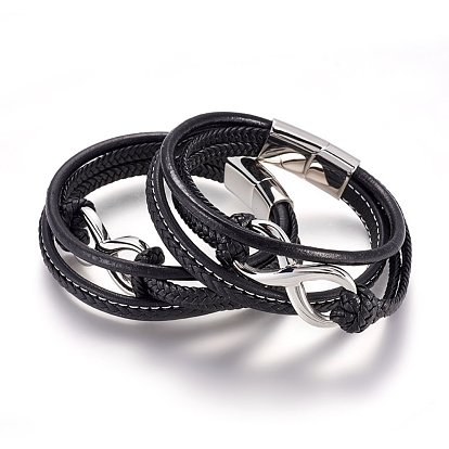 Braided Leather Cord Multi-strand Bracelets, with 304 Stainless Steel Findings and Magnetic Clasps, Infinity