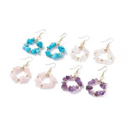 Natural Gemstone Chips Braided Ring Dangle Earrings, Brass Wire Wrap Jewelry for Women, Golden