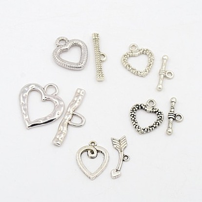 Tibetan Style Heart Toggle Clasps, Mixed Style, Heart: 14~27x12~24x1~2mm, Hole: 2~4.5mm, Bar: 19~32x6.5~10.5x2.5mm, Hole: 1.8~5mm