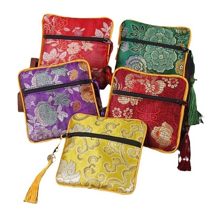 Square Chinese Style Cloth Tassel Bags, with Zipper, for Bracelet, Necklace