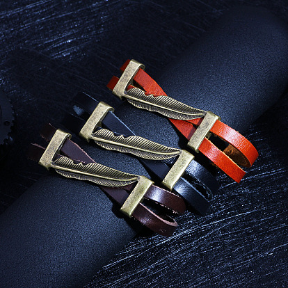 Leather Multi-strand Bracelets, with Alloy Findings & Magnetic Clasp, Plume, Antique Bronze