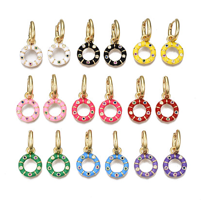 Brass Micro Pave Cubic Zirconia Huggie Hoop Earrings, with Enamel, Nickel Free, Ring, Real 16K Gold Plated