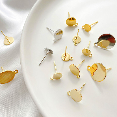 Brass Flat Round Stud Earring Findings, with Horizontal Loops & Sterling Silver Pins