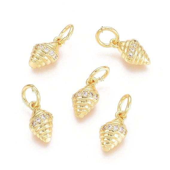 Brass Micro Pave Cubic Zirconia Charms, with Jump Rings, Shell, Clear